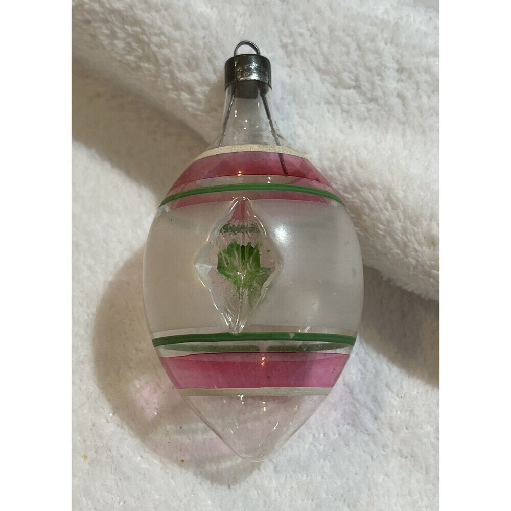 Vintage WWII Premier Xmas Glass Ornament 3.5” 2 Sided Indented Teardrop